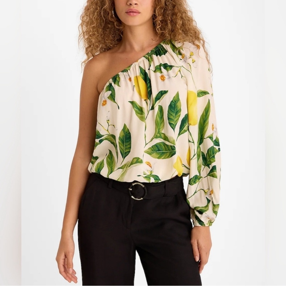 EXPRESS Lemon Floral One Shoulder Balloon Sleeve Blouse